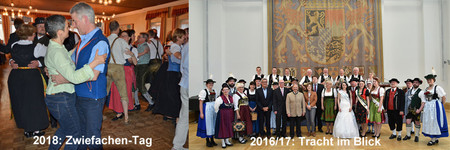 Fotomontage mit je einem Bild Tanzveranstaltung beim Zwiefachentag und Tracht im Blick im Bayerischen Landtag