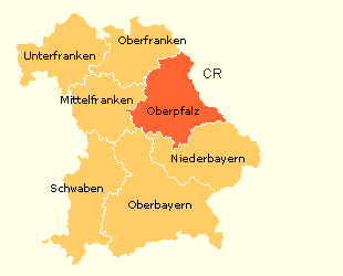 Karte Bayerns mit dem Umriss des Bezirks Oberpfalz 