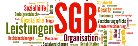 Grafik mit Schlagwörtern des Sozialgesetzbuches wie Rehabilitation, Rentenversicherung, Versicherungspflicht usw.