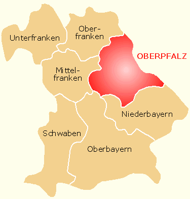 Kartenansicht Bayerns mit dem rot gekennzeichneten Umriss der Oberpfalz